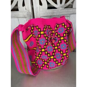 Colombia Wayuu Mochila Bag Bright Pink Crochet Bucket Bag Hippie